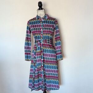Boden Multicolor Printed Button-Front Shirt Dress — Pink, Blue & Yellow